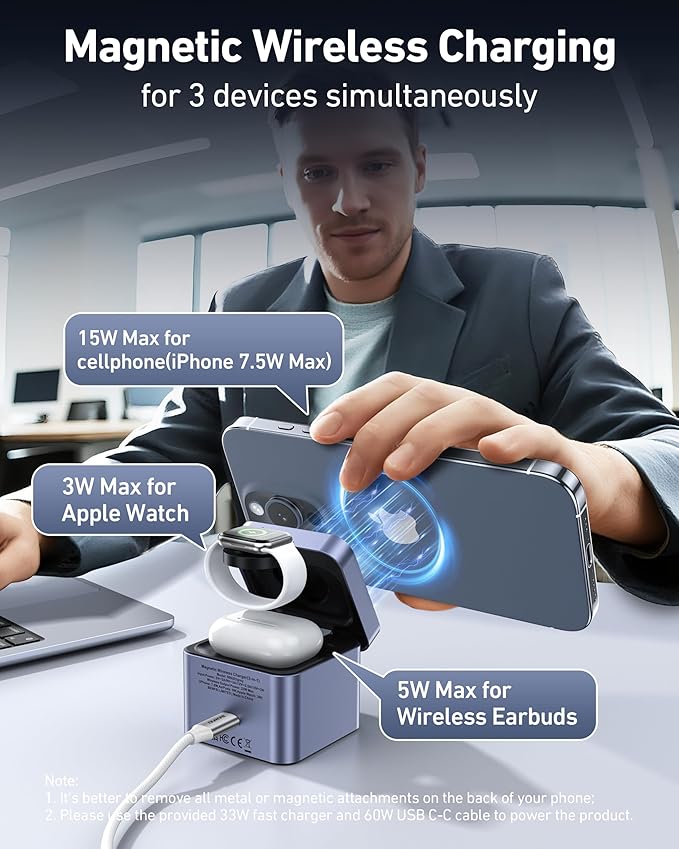 BENFEI 3-in-1 Foldable MagSafe Charger Stand,Wireless Charging Station for iPhone 16/15/14/13/12 Series, Apple Watch & AirPods | Compact Cube Design | Includes 33W Power Adapter