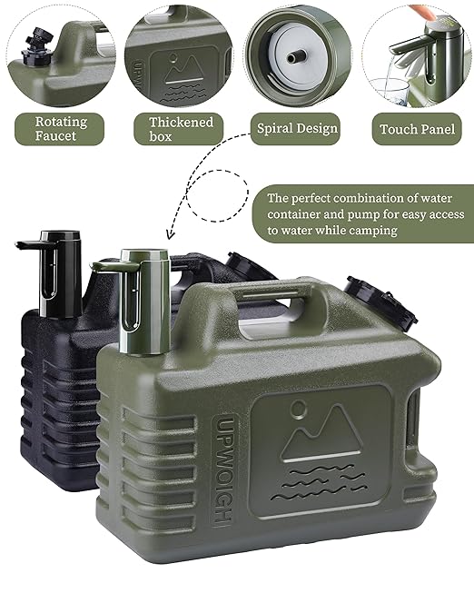 UPWOIGH 5 Gallon Water Jug with Automatic Touch Control Pump (1 Pump Included), Truly Leak-Proof BPA-Free Water Container with Spigot, Type-C Rechargeable Military Green Water Pump for Camping Hiking