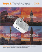 Italy Travel Plug Adapter PD 20W, TESSAN Type L Adapter for Travel with 4 Outlets 3 USB Ports (1 USB-C), Power Adaptor for US to Italy Chile Rome Uruguay Milan Libya