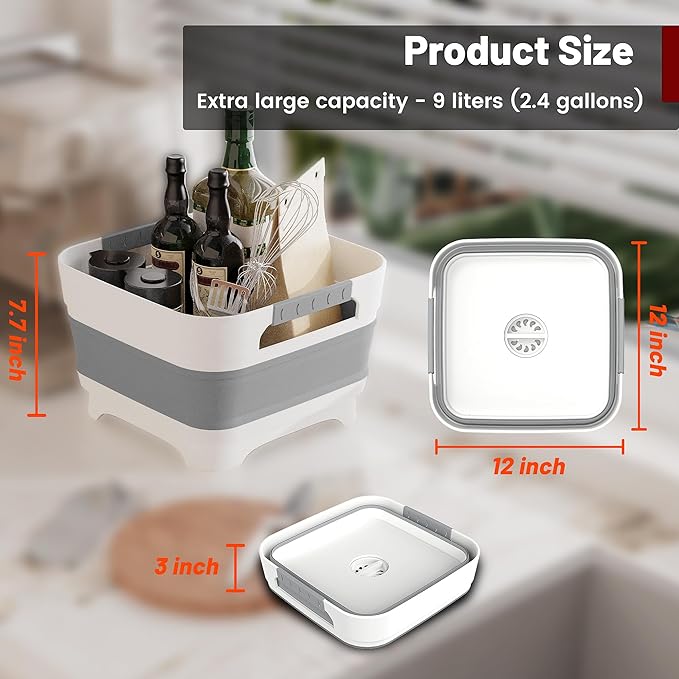 2.4 Gal Collapsbile Wash Basin with Drian Plug,9L Dish Pan for Soaking Baby Bottles,Portable Sink, Multiuse Foldable Bucket,Ice Beverage Tubs for Camping, Vegetable Washing, RV (Gray)