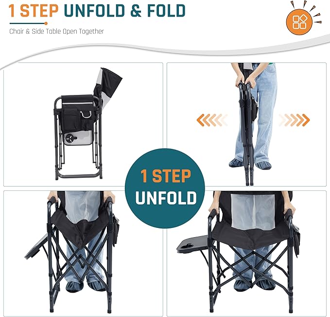 Camping Chairs Directors Chair with Side Table, Mesh Backrest Folding Lawn Chairs with Pocket, Foldable Camp Chair for Outdoor, Picnic, Sports and Fishing, Black