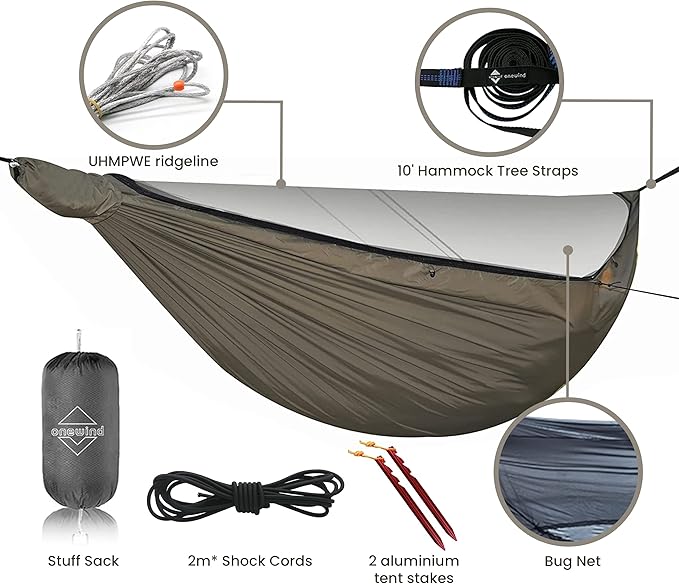 Onewind 12Ft Camping Hammock with Mosquito Net and Structure Ridgeline, Lightweight Portable Double Hammock with 12ft Tree Straps and Bugnet, Ideal for Wild Camping, Hiking, Backpacking, OD Green