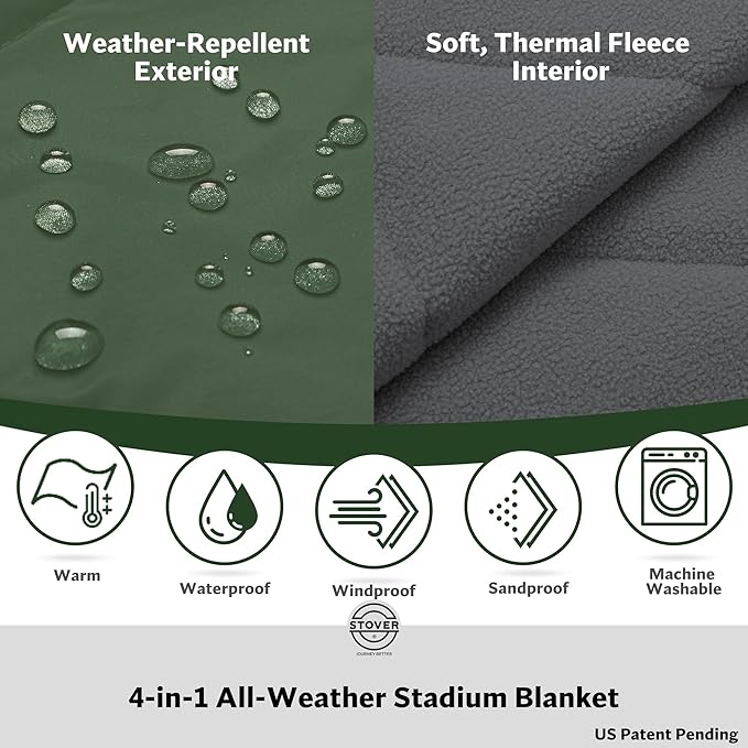 STOVER Waterproof Stadium Blanket – Portable Outdoor Camping Blanket for Travel, Picnics, or Sports – Warm, Windproof, Lightweight, and Packable (Alpine Green)