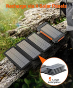 Solar Power Bank 38800mAh with 4 Solar Panels, Portable Charger USB C 18W Fast Charging for iPhone Samsung, IP67 Waterproof Outdoor External Battery Pack with Flashlight Light/SOS/Strobe