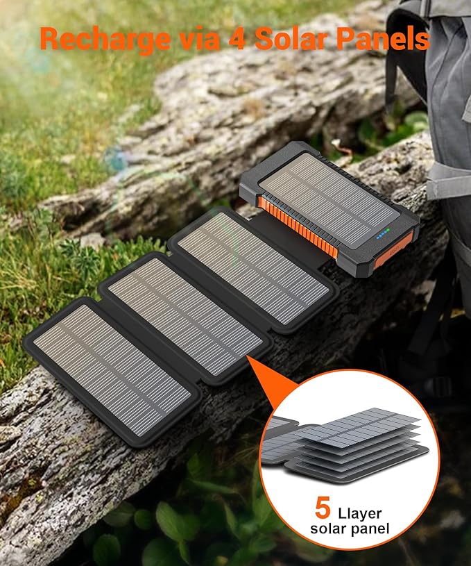 Solar Power Bank 38800mAh with 4 Solar Panels, Portable Charger USB C 18W Fast Charging for iPhone Samsung, IP67 Waterproof Outdoor External Battery Pack with Flashlight Light/SOS/Strobe