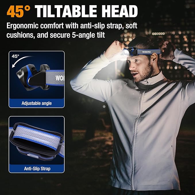 WORKPRO Rechargeable Headlamp, 1200LM Super Bright Head Lamp with White Red Light, Motion Sensor, Memory Function, Shockproof & IPX6 Waterproof Headlight for Camping, Hiking, Fishing, Repair