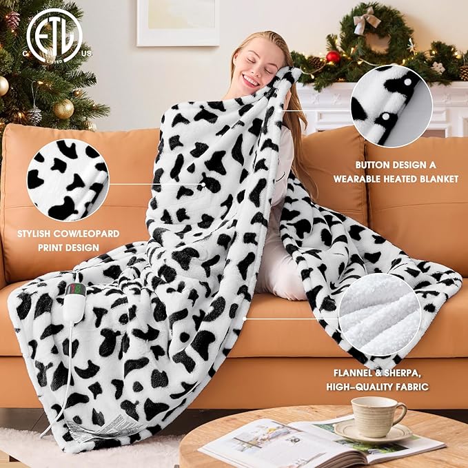 Cow Print Heated Electric Blanket Twin,62X84 Black Heating Blanket with 10 Heats Levels & 8 Hours Auto Off,Cute Cow Decor Fleece Sherpa Blankets Warmer Gifts for Women Couch Office,Washable,ETL