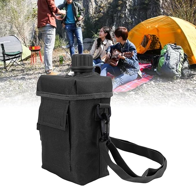 Outdoor - 2L Portable Water Canteen with Waist Bag, Multi Fuctional PVC Flat Camping for Surplus or Bushcraft Gear (Black)