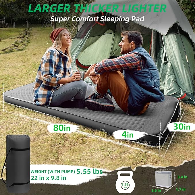 Self Inflating Sleeping Pad with Electric Pump, 4”Ultra-Thick Memory Foam Camping Mattress Pad, Ultralight Camping Sleeping Pad, 9.5 R-Value Insulated Sleeping Mat for Car Travel