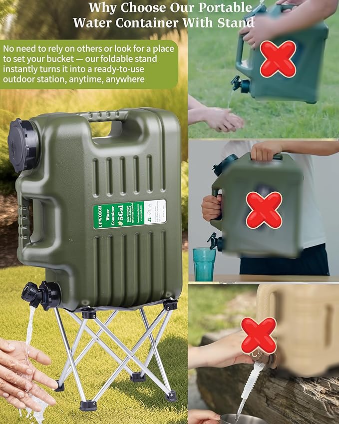 UPWOIGH 5 Gallon Water Jug with Spigot and Folding Stool – Leak-Proof, BPA-Free Portable Green Water Container with Stand, Large Outdoor Storage Tank for Camping, Hiking, RV, Travel, and Emergency Use