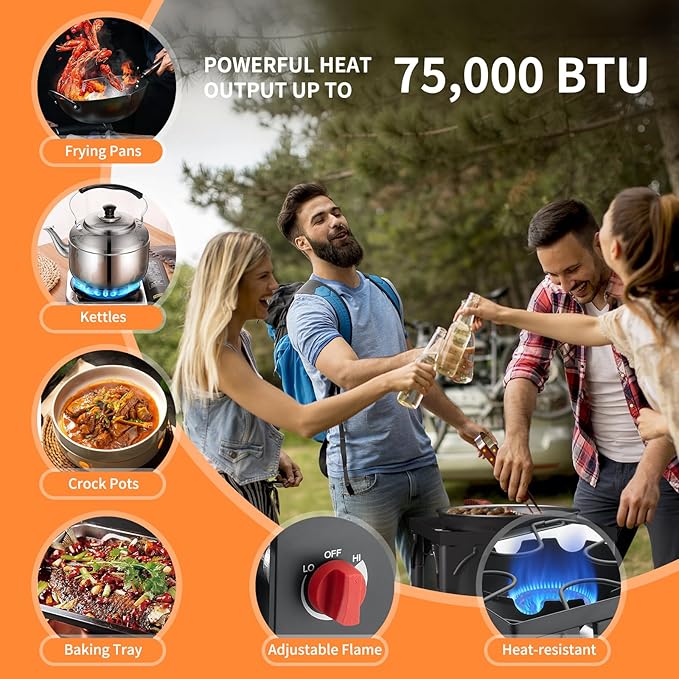 Propane Burner, 75,000 BTU High Pressure Single Gas Stove with 0-20 PSI Adjustable Regulator, Camping Stove with 8 Detachable Legs for Camping, Backyard, Tailgating, Outdoor Cooking