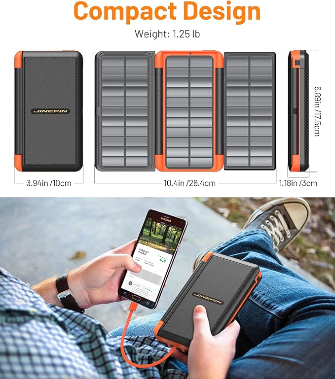 Power Bank Solar Charger 46800mAh Built in 4 Cables 3 Foldable Solar Panels, PD20W Fast Charging Portable Charger, LED Display Powerbank USB C in/Output, External Battery Pack with SOS Camping Light