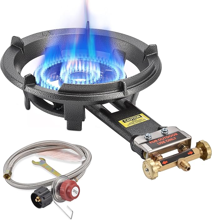 ARC Outdoor Propane Burner Stove, 13" Single Propane Burner, Cast Iron Portable Wok Burner With Bilateral Control Rings and 0-20 PSI Adjustable regulator, Stainless Steel Hose