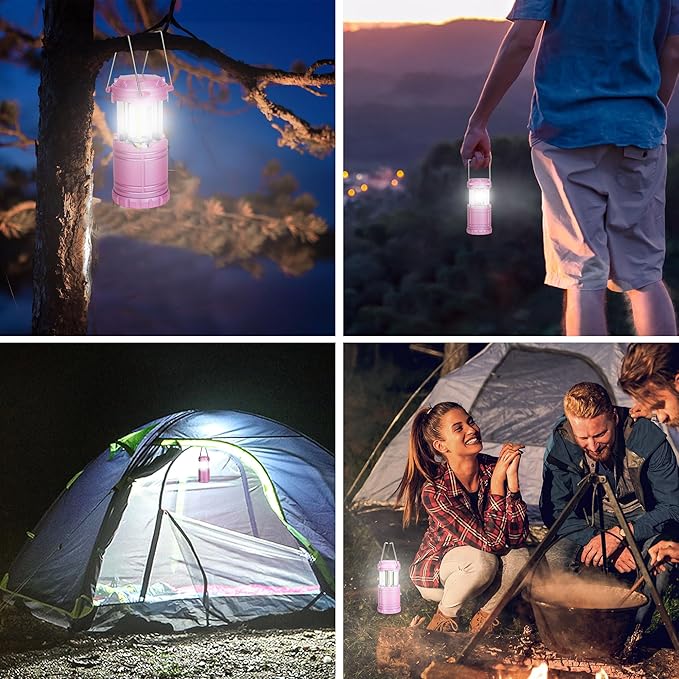 4-Pack Mini LED Pink Camping Lanterns, Portable Camping Lights, Outdoor Handled Lamps, Essential Emergency Lights for Power Outages, Hiking, Hurricane