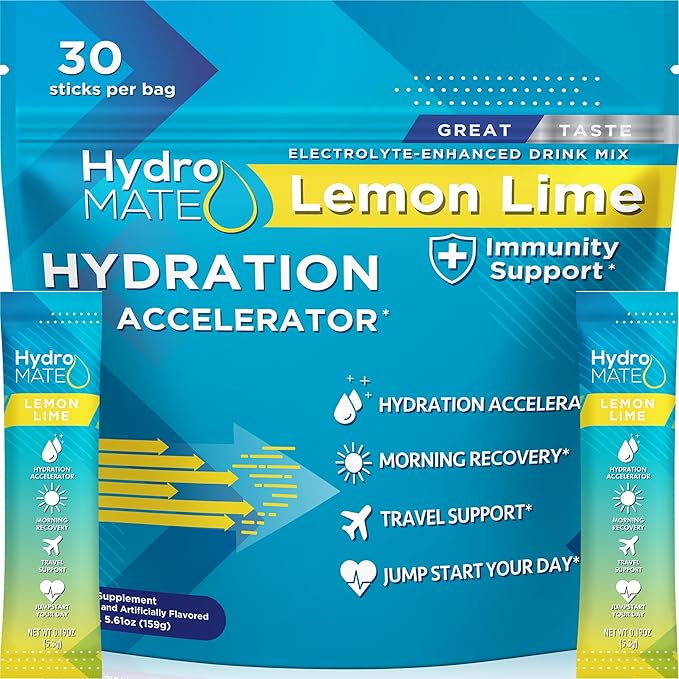 HydroMATE Electrolyte Powder Lemon Lime Hydration Packets Low Sugar 30 Count