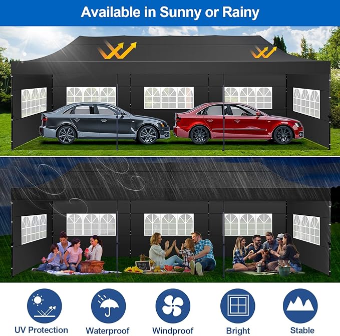 COBIZI 10x30 Pop up Canopy Tent 10x30 Canopy with 8 Sidewalls Waterproof Heavy Duty Commercial Tent for Parties Outdoor Garden Gazebo, Carry Bag with Wheel(10x30ft, Dark Black)