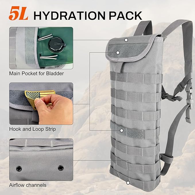 5L Hydration Pack, Water Backpack with 3L Water Bladder, MOLLE System for Outdoor Hiking, Biking, Running