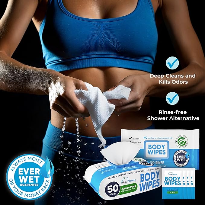 Dura Cleanse Body Wipes for Adults Bathing No Rinse (2 Pack) 100 XL Shower Wipes + 8 Travel Bath Sheets - 9" x 12" Extra Thick Waterless Adult Disposable Washcloths for Camping, Elderly Incontinence