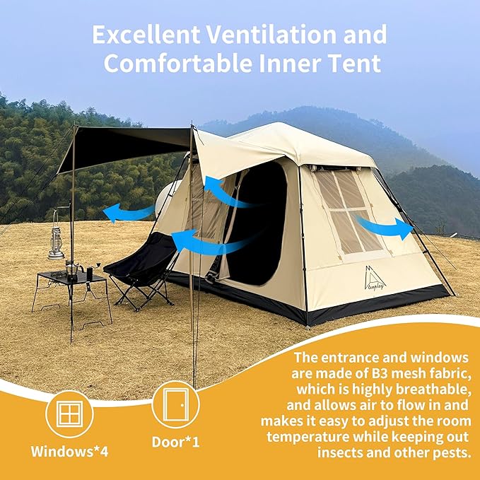 TENPLAY 2-4Person Instant Cabin Tent,Portable Pop Up Tent,One-Touch,Setup with 60s,Spacious Interior,BlackCoating,Waterproof5000mm,Includes Rainfly,Canopy, Blackout Tents for Camping,Hiking,Family