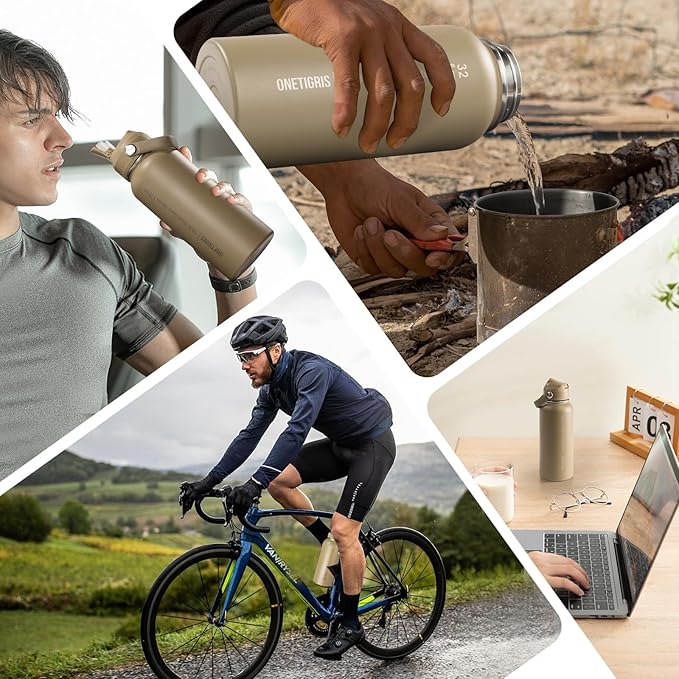 ONETIGRIS 32 oz Insulated Water Bottle with Straw - Tactical Stainless Steel Water Jug, Leakproof Wide Mouth Sport bottle with 3 Lids and Sleeve for Travel, Gym, Camping, Hiking