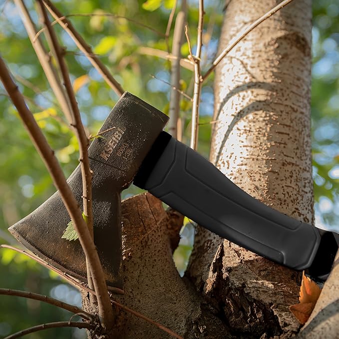 KSEIBI Wood Axe, 274151 Small Outdoor Camp Hatchet 14 Inch for Splitting and Kindling Wood, Forged Steel Blade with Anti-Slip and Shock Reduction Fiber Glasses Handle Great Throwing Axes and Hatchets