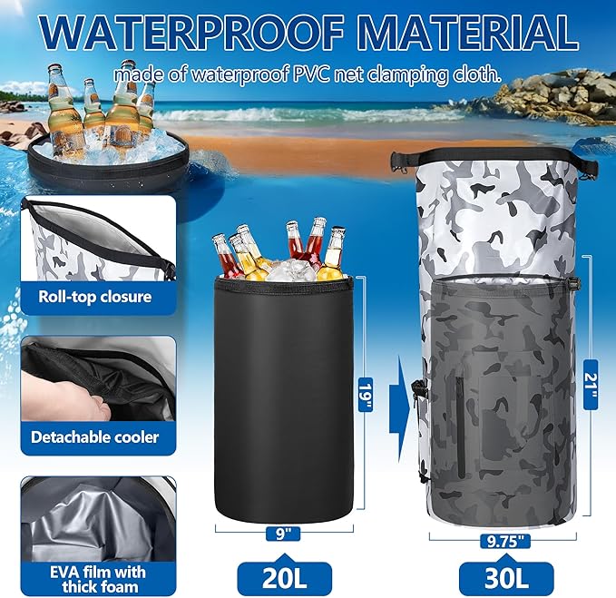 30L Waterproof Dry Bag with 20L Detachable Cooler, Dry Bag Cooler Backpack with Phone Pocket and Bottle Pouch, Suitable for Kayaking, Boating, Camping and Water Activities
