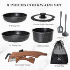 Kitchen Academy Removable Handle Induction Pots and Pans Set - 10 Piece Non-stick Cookware Sets, Black Granite Stackable RV Cookware for Camp