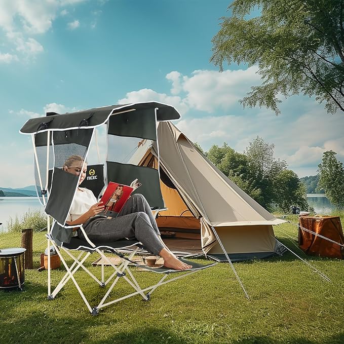 Nice C Chair with Canopy, Umbrella Chairs, Chair with Shades, Sports Chairs, w/Removable Footrest, Cooler Bag, Cup Holder for Camping, Fishing, Sports, Beach (2-P Green)