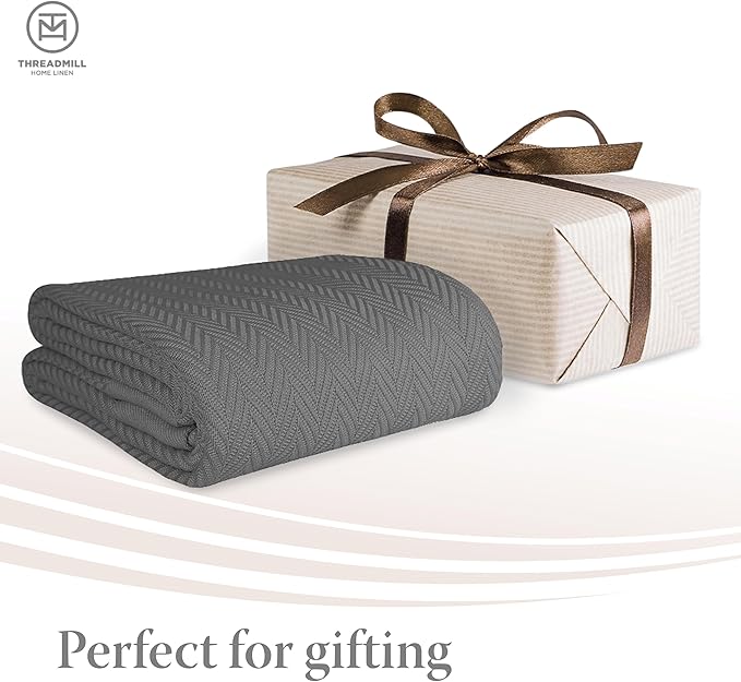 Threadmill Luxury Cotton Blankets for Twin Size Bed | All-Season 100% Cotton Twin Blanket for Bed | Herringbone Soft & Cozy Fall Thermal Blanket, 350GSM, 68x92 inches | Dark Grey