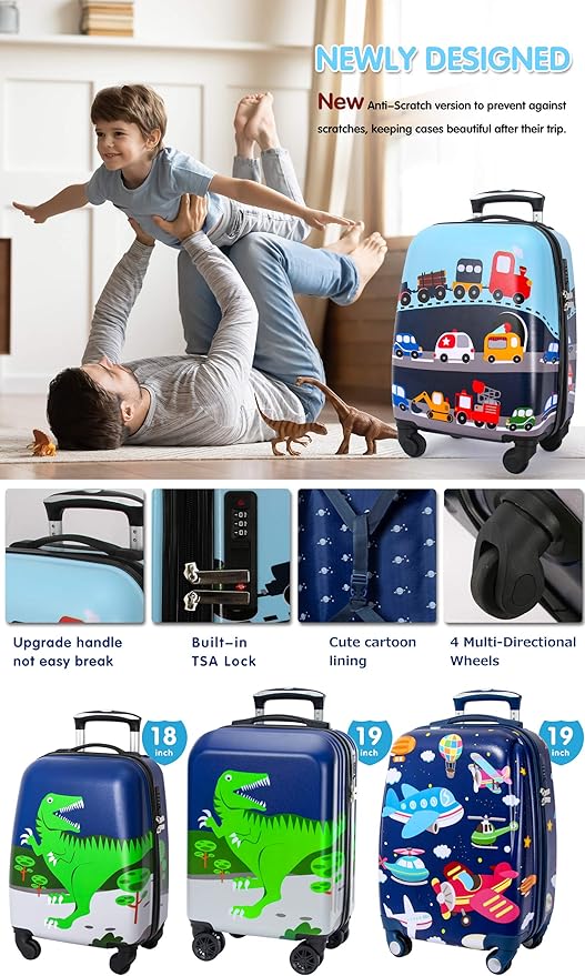 GURHODVO Kids Carry On Luggage Children Rolling Suitcase with 4 Wheels Hardshell Case for Toddler to Travel (Car)