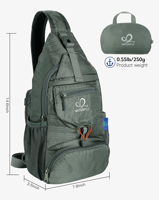 WATERFLY Packable Small Crossbody Sling Backpack Shoulder Chest Bag Daypack for Hiking Traveling Grey