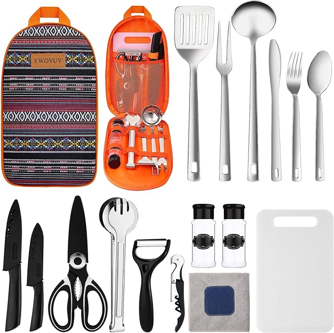 Camping Cooking Utensils Set- Camping Essentials Cookware Accessories Gear Must Haves Camper Tent Camp Kitchen Rv Gadgets Outdoor Stove Portable Picnic Gifts for Women BBQ Stuff