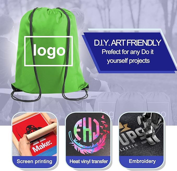 BeeGreen Green Drawstring Backpack Bags Bulk 10 Pack X-Large 22.4" L x 17.5" W Sports Cinch Sackpack Gym String Bags Machine Washable Heavy Duty for Men Women