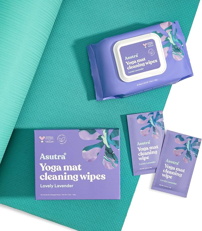 ASUTRA Yoga Mat Cleaning Wipes (Lovely Lavender), 3 Pouches (30 Wipes Each) - No Slippery Residue, Deep-Cleansing for Fitness Gear & Gym Equipment