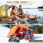 Propane or Butane Stove, Dual Fuel Propane Stove for Camping, 10,000 BTU Automatic Ignition Portable Camping Stove with Carrying Case & Windblocker & Griddle for Hiking(Fuel Not Included)