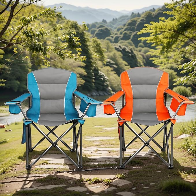 Northroad 2 Pack Oversized Camping Chair, Padded Portable Chairs Heavy Duty Camping Folding Chairs w/Cooler Bag & Cup Holder, Support 400 LBS for Outdoor, Fishing & Garden (Orange & Blue)