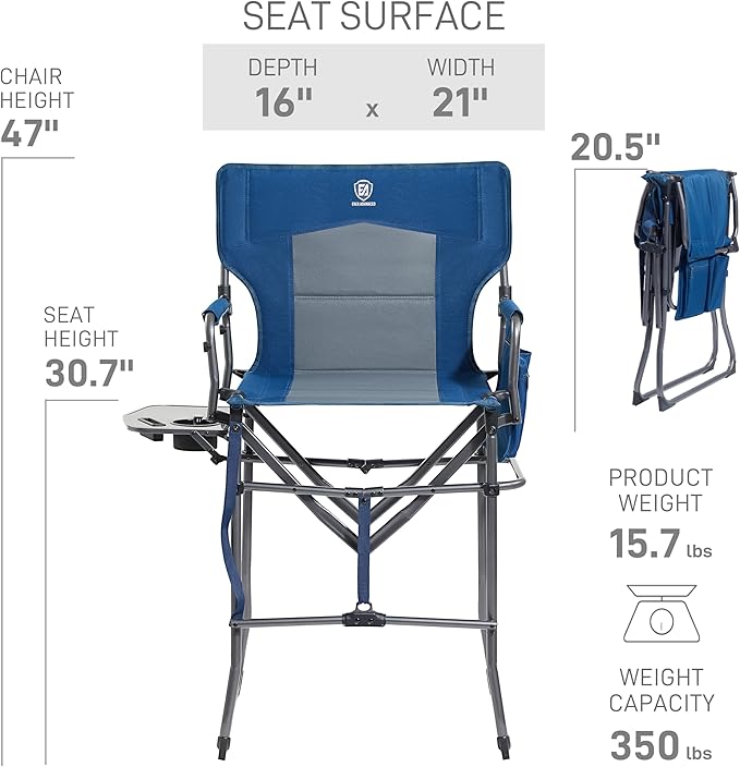 EVER ADVANCED Portable 30.7" Seat Height Tall Folding Chair Directors Chair High Foldable Bar Stool with Side Table for Makeup Artist, Camping, Sports Event, Craft Show, Supports 350LBS Blue Grey