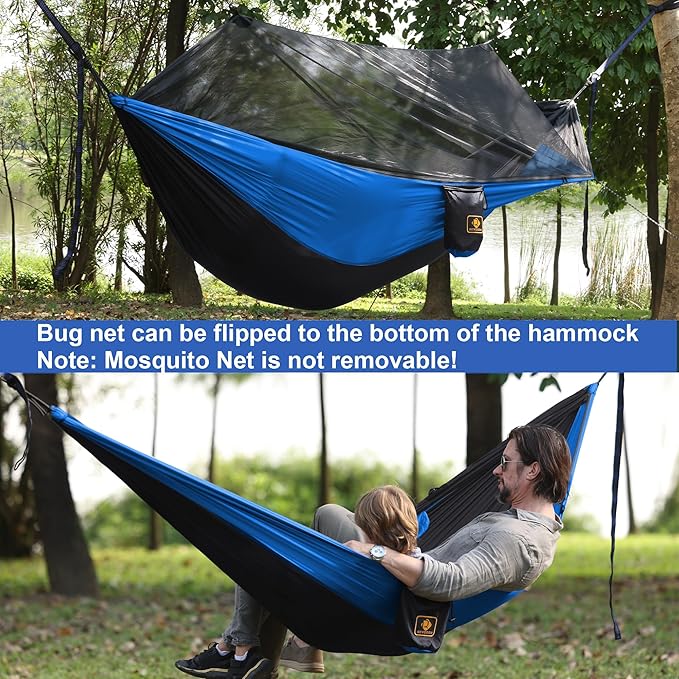 Camping Hammock with Net,Travel Portable Lightweight Hammocks with Tree Straps and Solid D-Shape Carabiners,Parachute Nylon Hammock for Outsides Backpacking Beach Backyard Patio Hiking