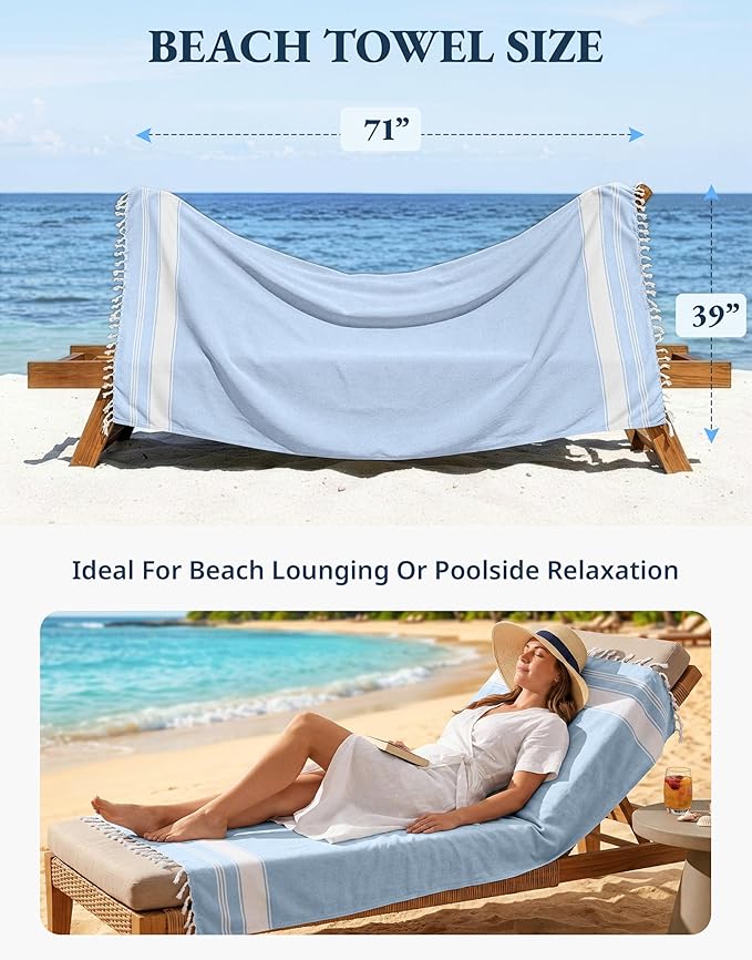 LANE LINEN Beach Towel 4 Pack, Oversized Beach Towels for Adults, Lightweight Travel Beach Towels, Pre-Washed for Soft Hand Feel, Quick Dry Beach Towels, 39"x71" - Sky Blue