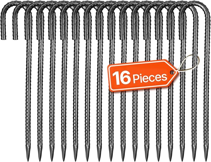 VEVOR Rebar Stakes, 12-Inch, Heavy-Duty 0.4 in Diameter J Hook, Galvanized Steel Ground Anchors with Chisel Point End & Rust-Resistant Coating, for Gardening Support, Fence, Camping Tents (16-Pack)