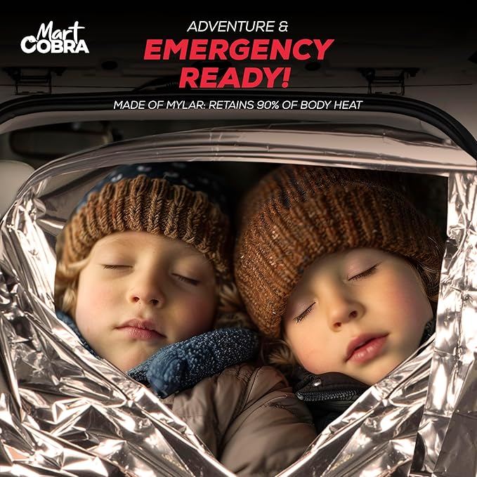 Mart Cobra Emergency Blanket 100-Pack | Reflective Thermal Blanket | Survival Gear | Lightweight Mylar Blankets | Retains 90% Body Heat | Essential for Camping, First Aid, Homeless Care Package Bulk