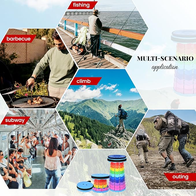 2 Pack Upgraded Collapsible Stool Folding Stool with Cushion,Retractable Folding Stool Max Load Capacity 400lbs, Portable Telescoping Stools for Camping Hiking Outdoor BBQ Fishing-Rainbow