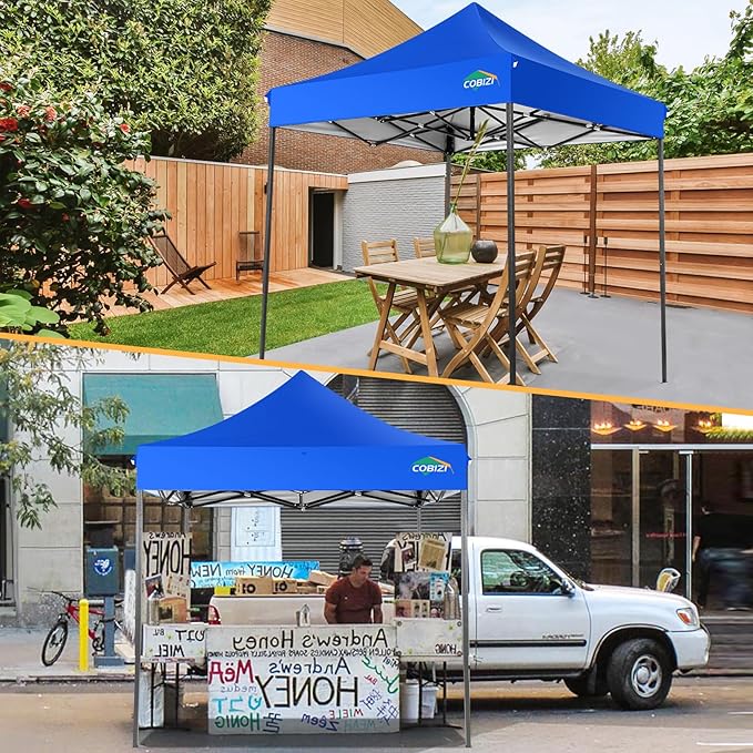 COBIZI 6.6x6.6 Pop Up Canopy Without Sidewall,Heavy Duty Canopy UPF 50+ All Season Wind Waterproof Commercial Outdoor Party Tents for Parties Canopy Gazebo with Storage Bag(6.6 x 6.6 ft Blue)