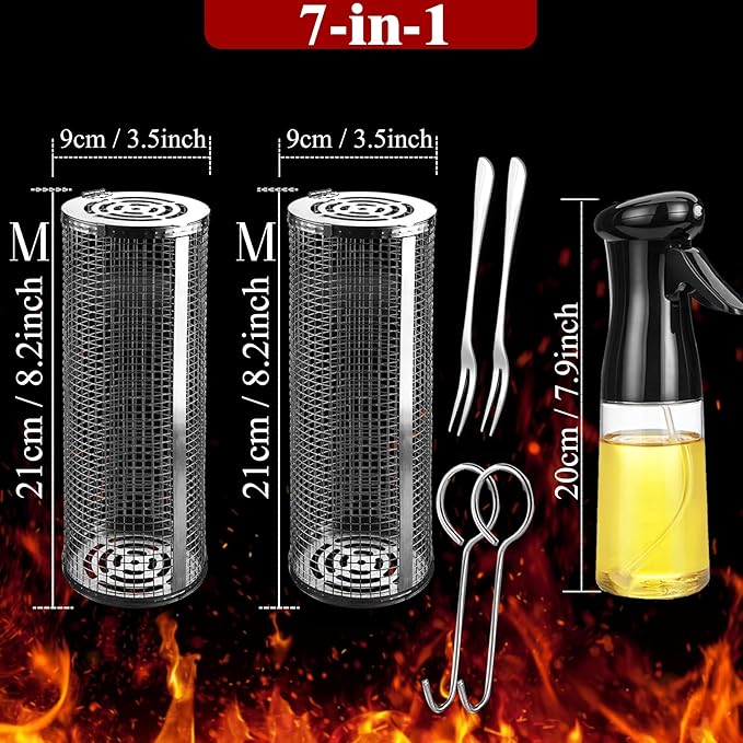 Rolling Grilling Baskets for Outdoor Grill Bbq Net Tube Large Roatating Circular Vegie Baskeys for Charcoal Flat Top Cooking Basket Gadgets for Grillbaskets Griller Gift for Men from Wife Girlfriend