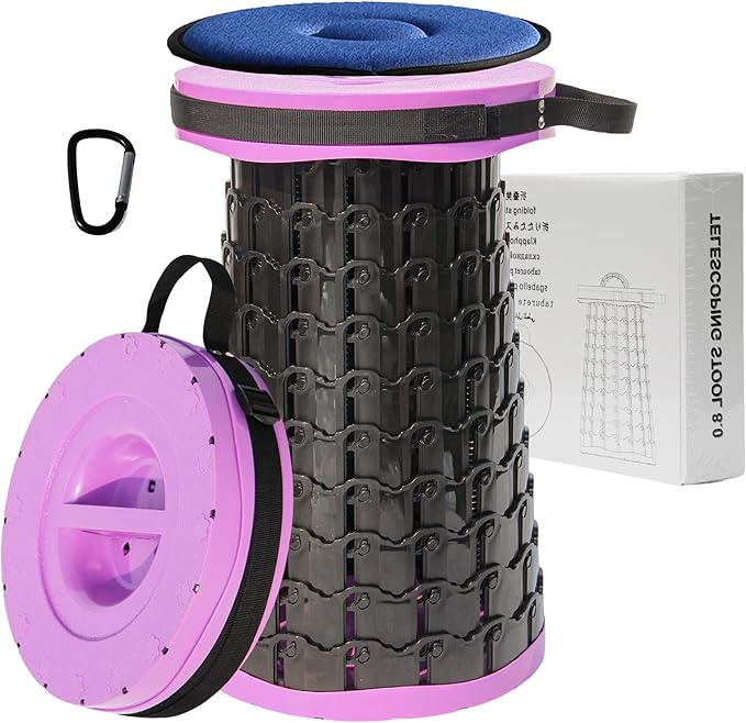 ALEVMOOM Upgraded Portable Collapsible Stool with Cushion,Telescoping Folding Stool for Adults,Yet More Sturdy Camping Stool with Load Capacity 1000lbs,for Outdoor Garden Hiking BBQ