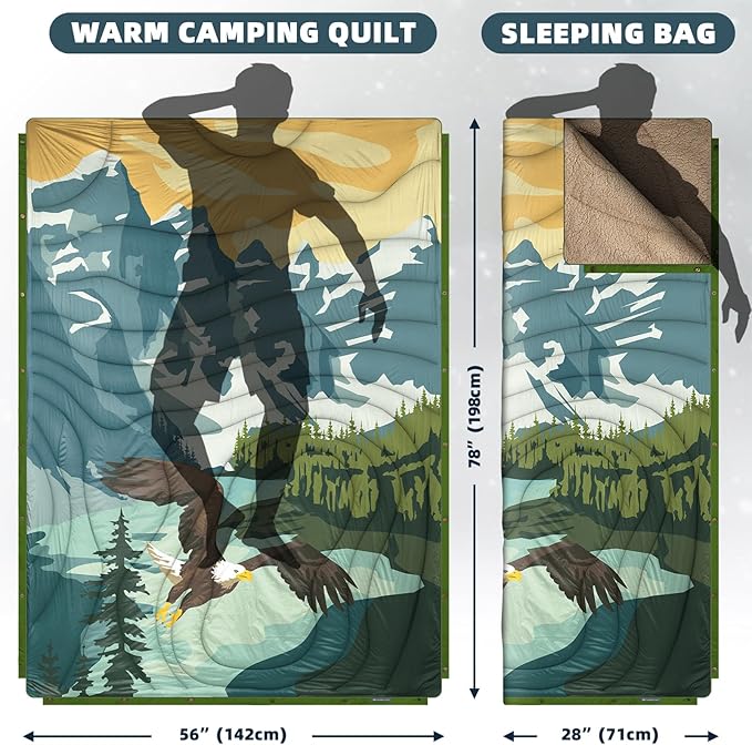 Outdoor Camping Blanket with Sherpa Lining, Extra Warm Thick Camp Blankets and Puffy Ultralight Soft Poncho DWR Camping Quilt for Cold Weather, Adventure, Sleeping, Backpacking 78"x 56"