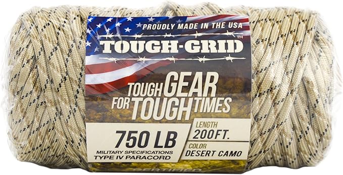 TOUGH-GRID Paracord Rope 750 lbs Nylon Parachute Cord, Made in USA Survival Kit, Outdoor Adventures, Camping, Tactical Gear & Emergency Supplies, Military Type IV Mil-Spec