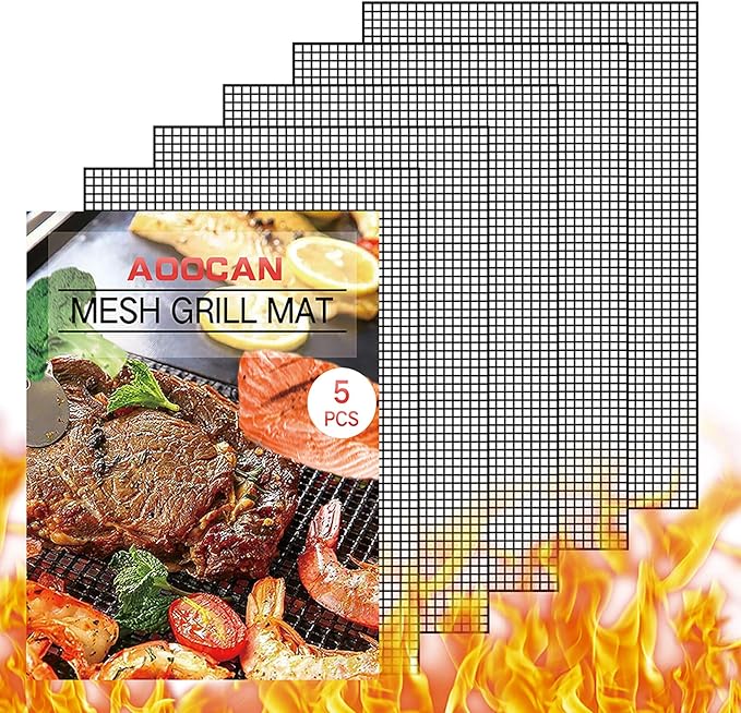 AOOCAN Grill mesh mat - Set of 5 Non Stick BBQ Grill mats, Heavy Duty, Reusable Grilling mats, Easy to Clean - Works on Gas, Charcoal, Pellet Grill - 15.75 x 13 in, Black