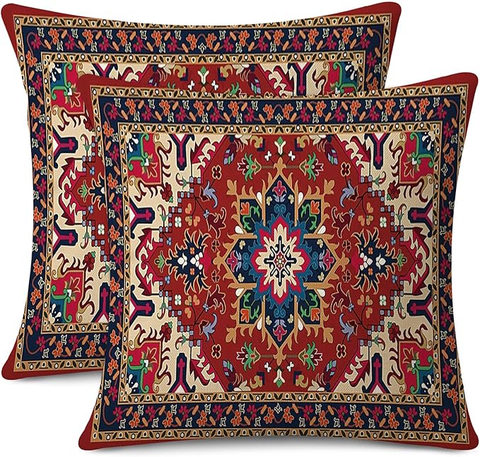 Outdoor Waterproof Throw Pillow Covers Set of 2 Tribal Abstract Colorful Floral Carpet Pattern Decorative Farmhouse Pillow Covers for Couch Sofa Patio Furniture