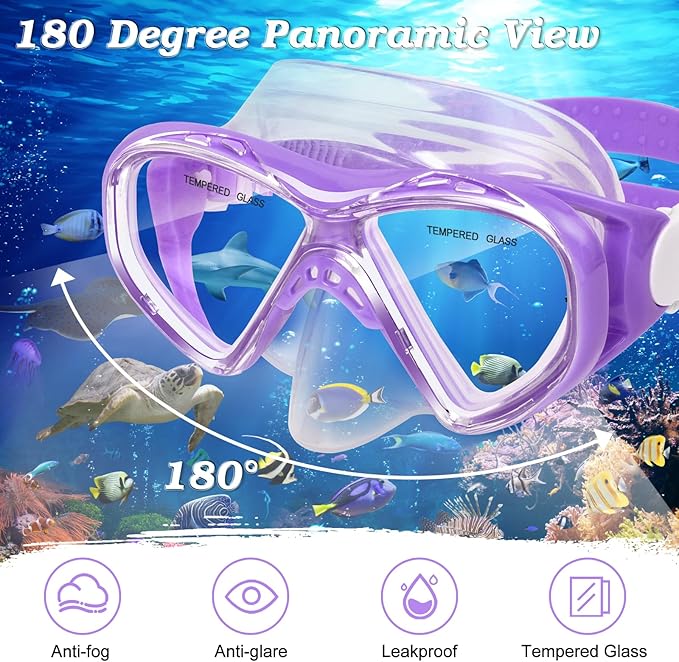 Kids Snorkel Set Dry Top Snorkeling Gear for Kids Youth Boys Girls Junior Age 5-15,Tempered Glass Swimming Diving Mask and Snorkel Set 180 Degree Panoramic View